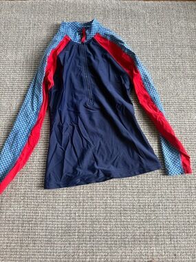 Tory Burch Navy Long Sleeve Rash Guard with Red and Light Blue Patterned Sleeves